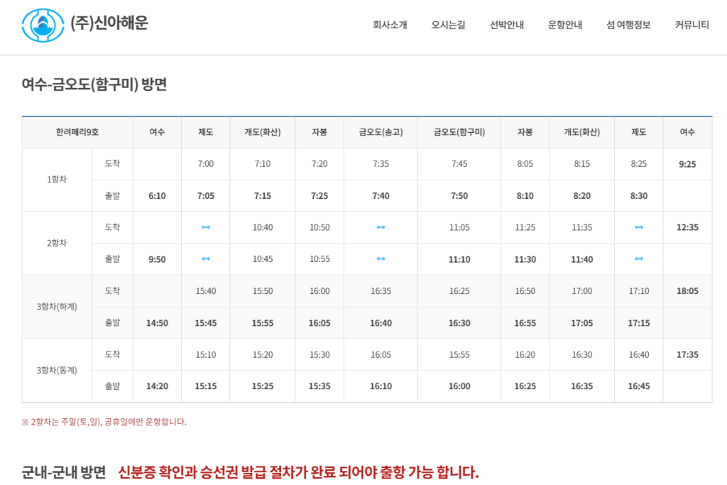 (주) 신아해운 자봉도 배편 시간표 