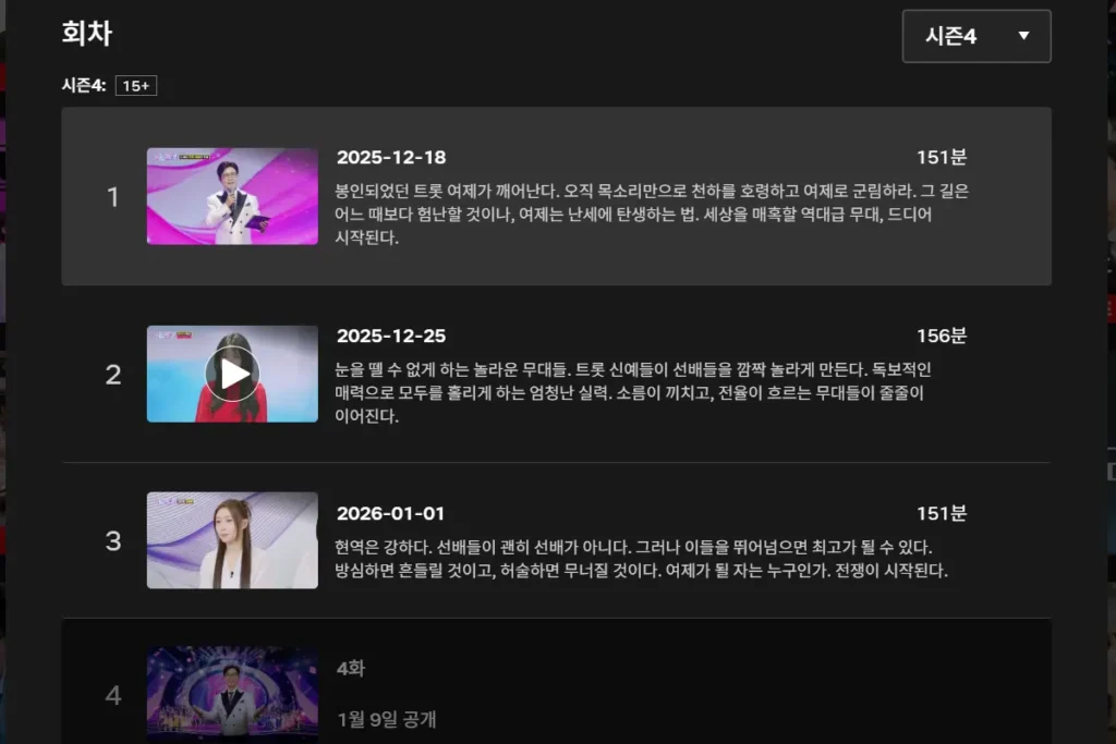 넷플릭스 미스트롯4 회차 업로드 시간표