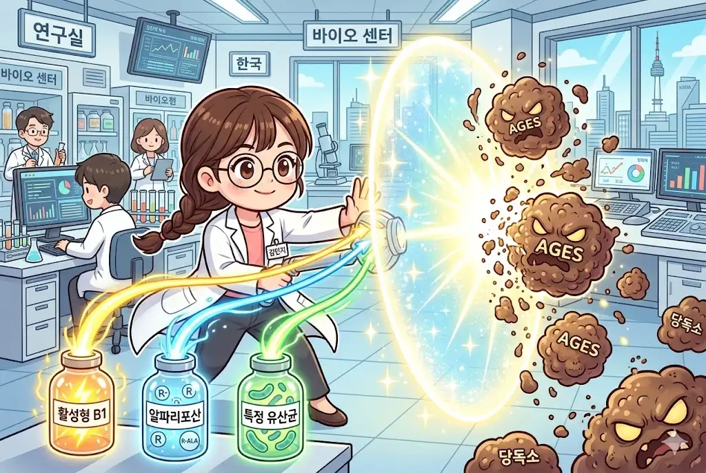 당독소 생성을 막는 핵심 성분 3가지를 마법 병으로 표현한 만화 그림