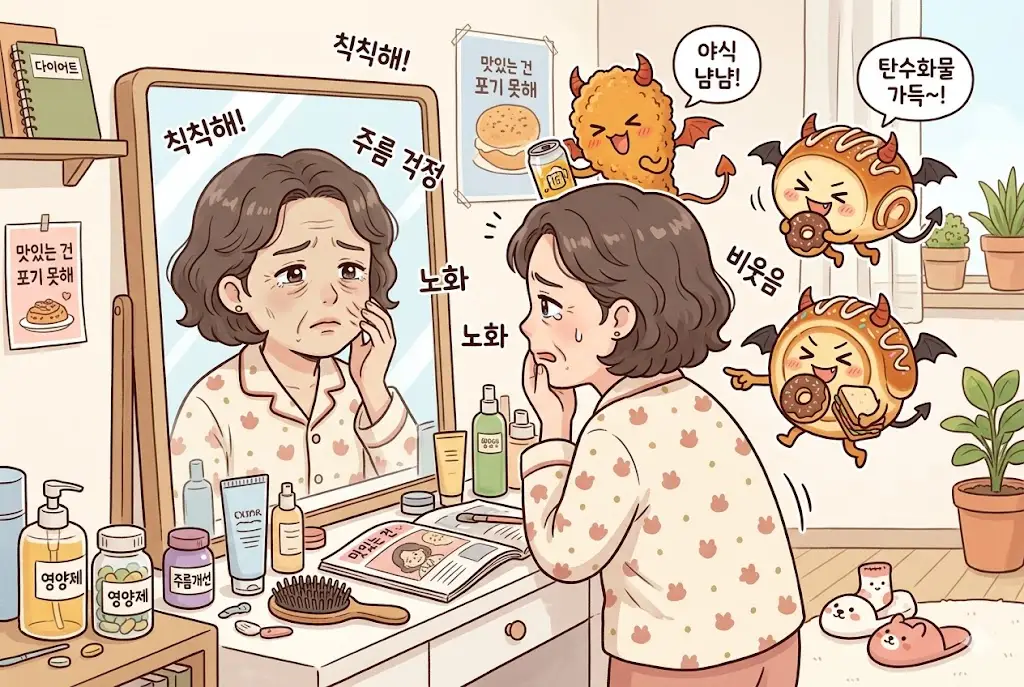노화의 주범 당독소 AGEs로 인해 피부 탄력을 잃고 고민하는 여성 만화 이미지