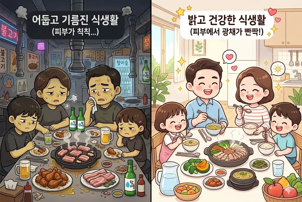 당독소 조리법 변화로 노화를 늦추고 건강해진 가족 그림