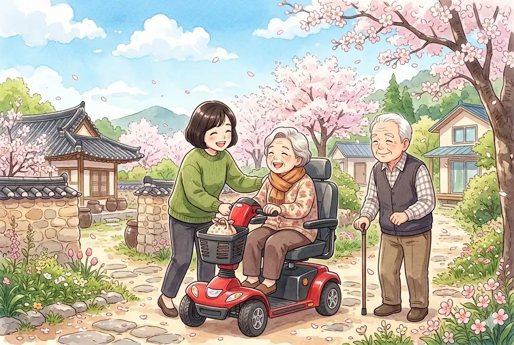 2026년 어르신 전동스쿠터 정부 지원금으로 효도하는 딸과 기뻐하는 부모님