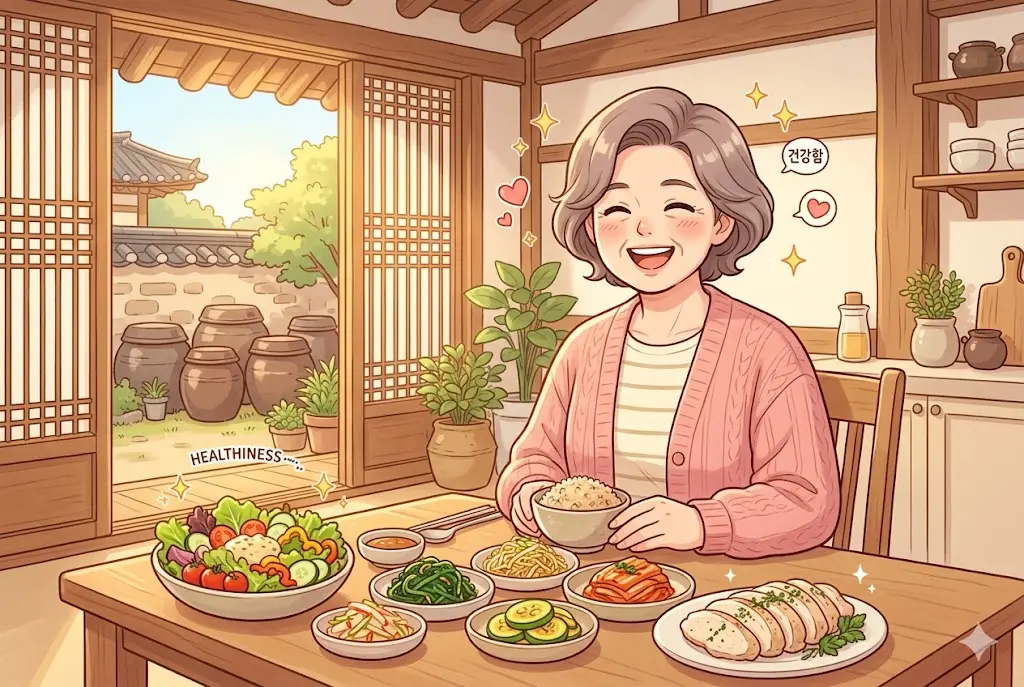 슬로우에이징 실천을 위한 한국형 저당 건강 식단 일러스트