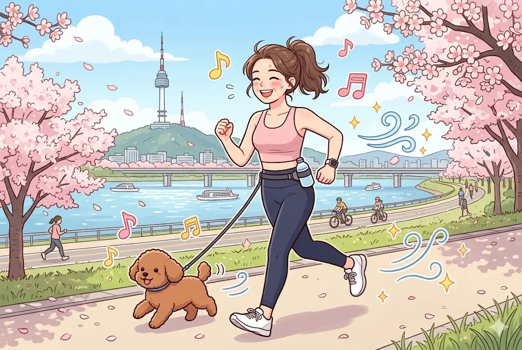 한강 공원에서 활기차게 슬로우에이징 운동(걷기)을 하는 50대 여성 만화