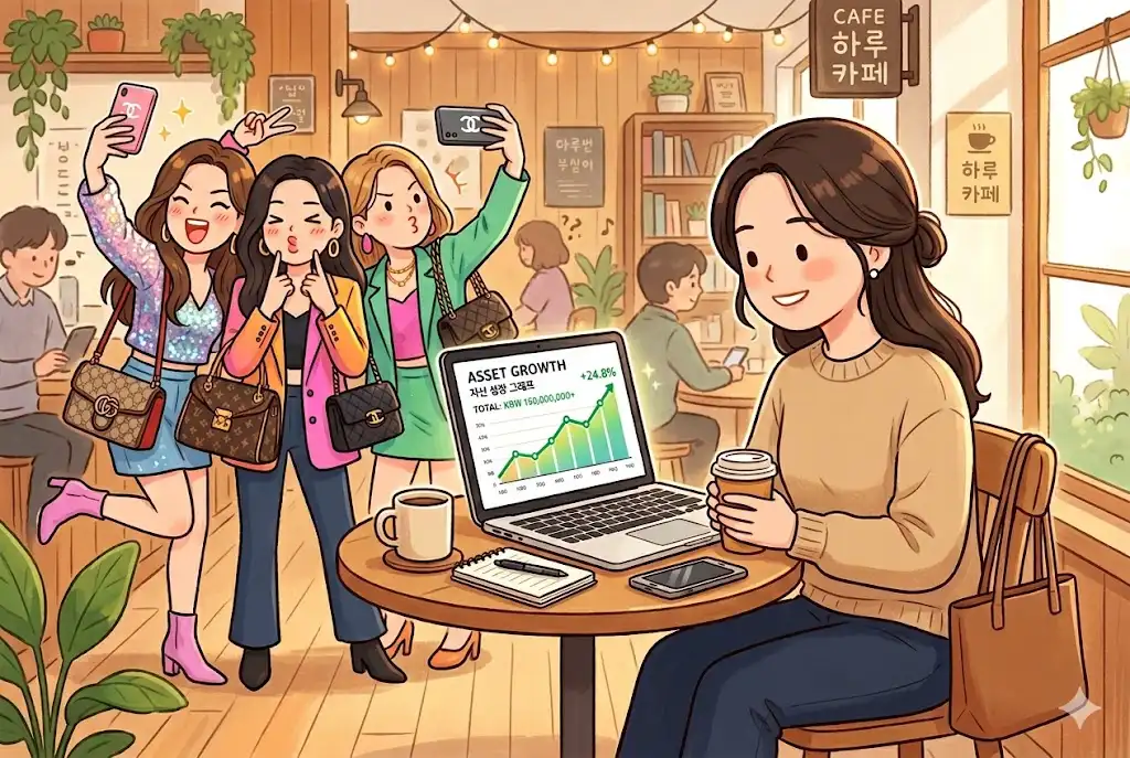 조용한 부자의 삶을 실천하며 자산을 확인하는 여성 만화 일러스트