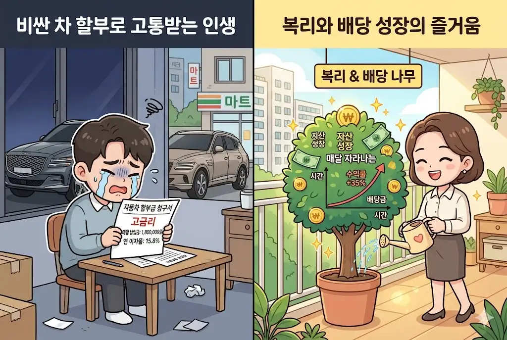 과시 소비와 가치 투자의 차이를 보여주는 귀여운 만화